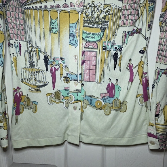 Helen Sue 1970s Art Deco Car Show Novelty Print Top Vintage Sz M - Picture 2 of 10